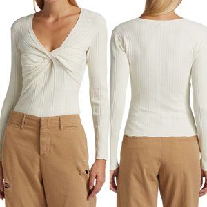 Frame Layered Wrap Rib Knit Sweater in Bone Large Deep V-neckline Twisted Front